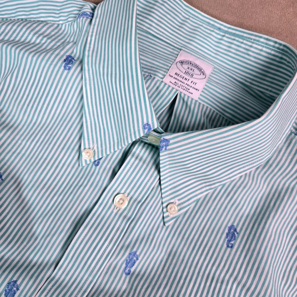 Brooks Brothers 1818 Regent Fit XXL Green White Striped Seahorse Shirt Mens